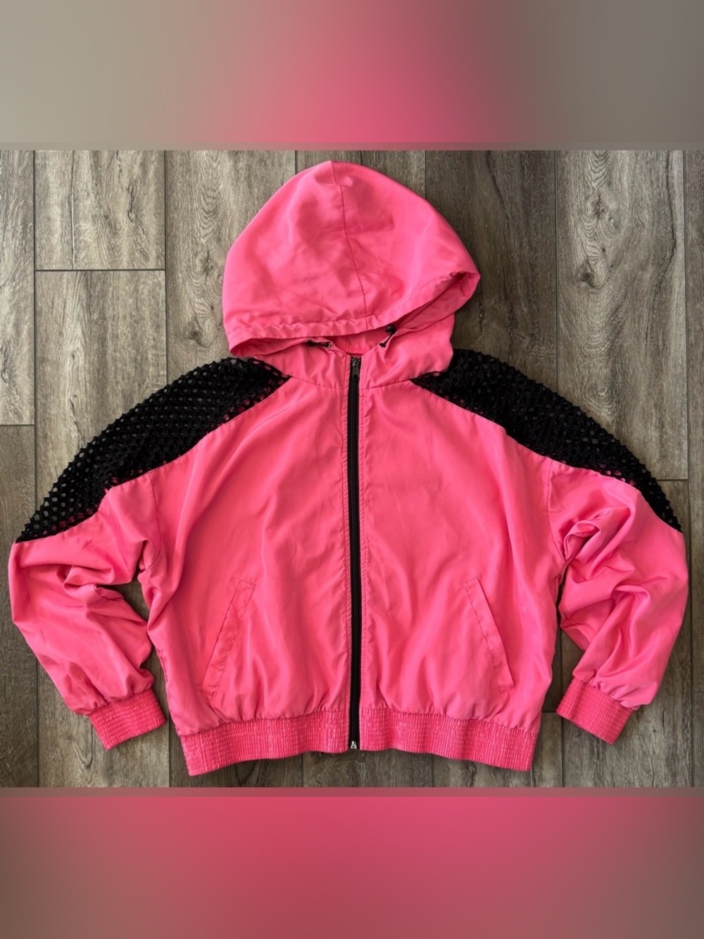 Forever 21 Women’s 2XL Hooded Windbreaker Jacket Hot Pink Black Mesh Streetwear